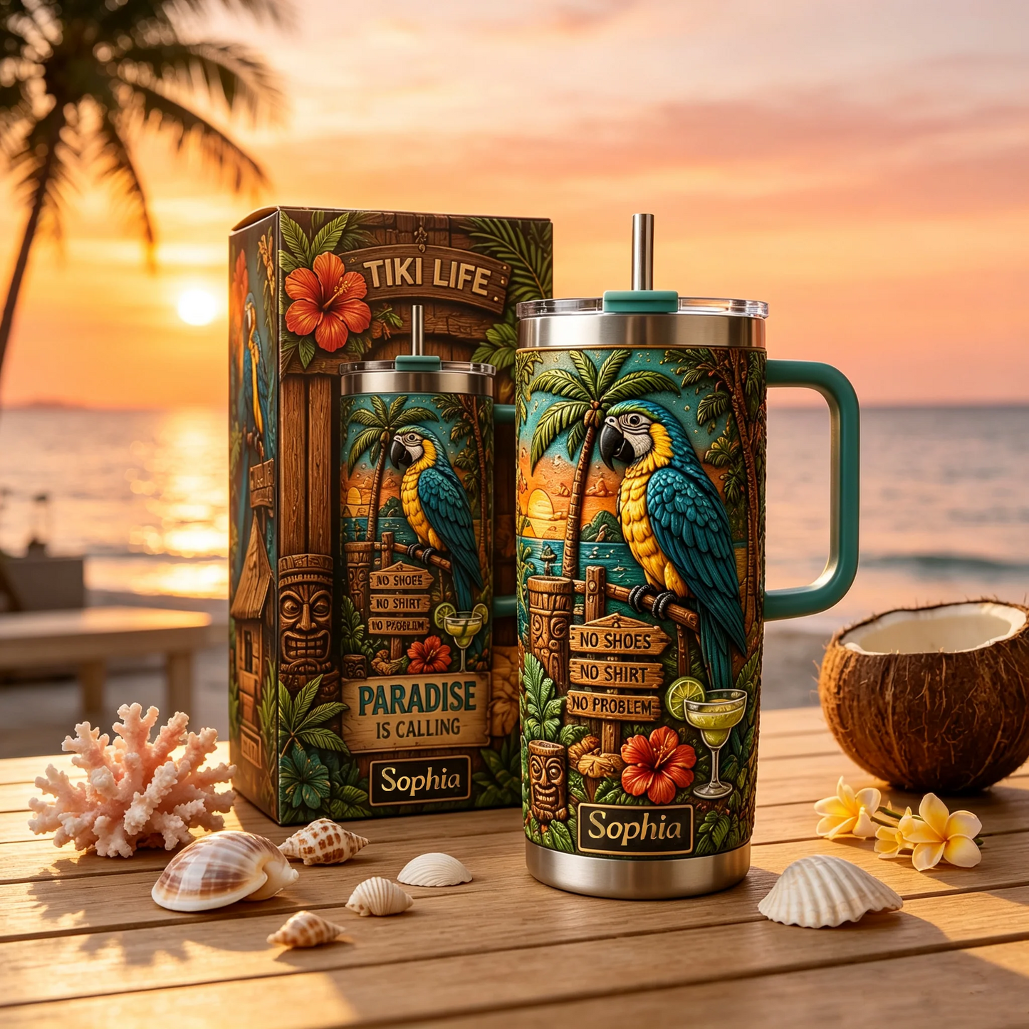 🏖️Personalized Tiki Life Tropical Parrot Beach 40oz Handle Tumbler🌴🌊