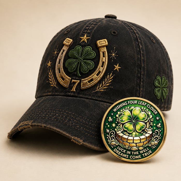 🍀Fortune Favors the Bold Vintage Lucky Cap – Free Clover Coin Included