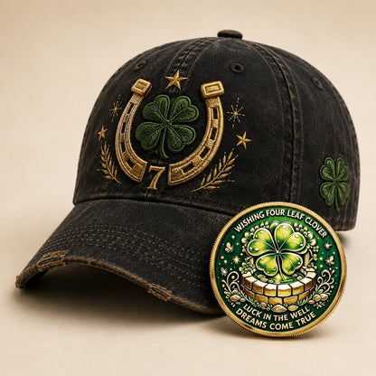 🍀Fortune Favors the Bold Vintage Lucky Cap – Free Clover Coin Included