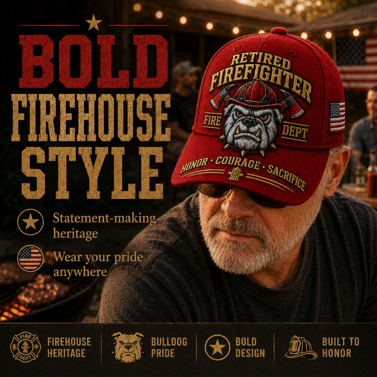 Handmade Retired Firefighter Bulldog Firehouse Commemorative Cap 🇺🇸