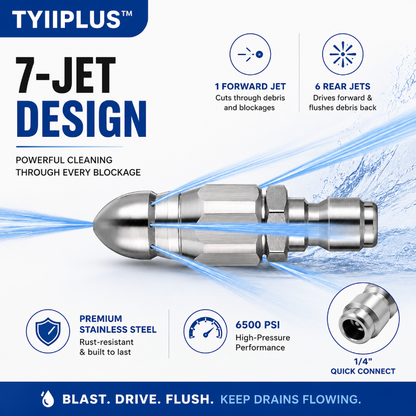 6500 PSI Stainless Steel Sewer Jetter Nozzle – 1/4" Quick Connect Drain Cleaning Attachment for Pressure Washers