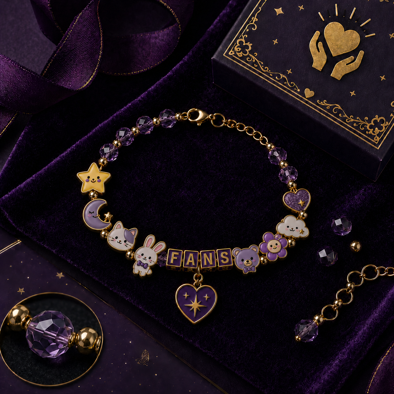 💜 Purple Seven-Star Fan Charm Bracelet ✨