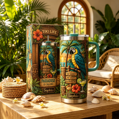 🏖️Personalized Tiki Life Tropical Parrot Beach 40oz Handle Tumbler🌴🌊