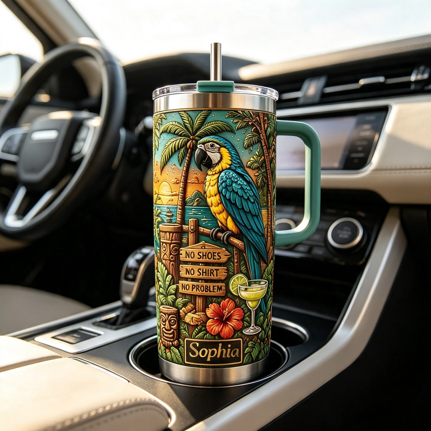 🏖️Personalized Tiki Life Tropical Parrot Beach 40oz Handle Tumbler🌴🌊