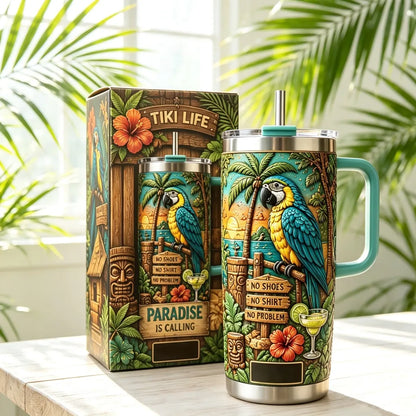 🏖️Personalized Tiki Life Tropical Parrot Beach 40oz Handle Tumbler🌴🌊