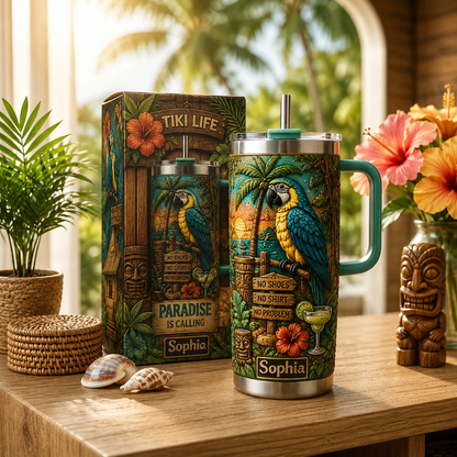 🏖️Personalized Tiki Life Tropical Parrot Beach 40oz Handle Tumbler🌴🌊